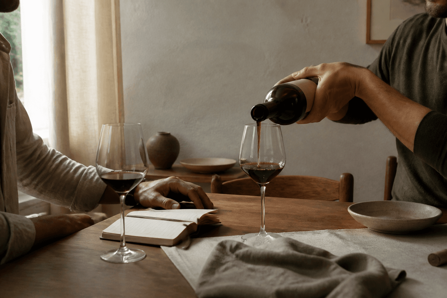 Friends sharing wine and writing a tasting note at dinner