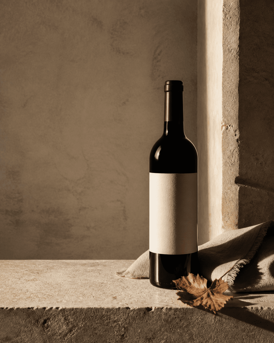 An unbranded wine bottle in warm afternoon light