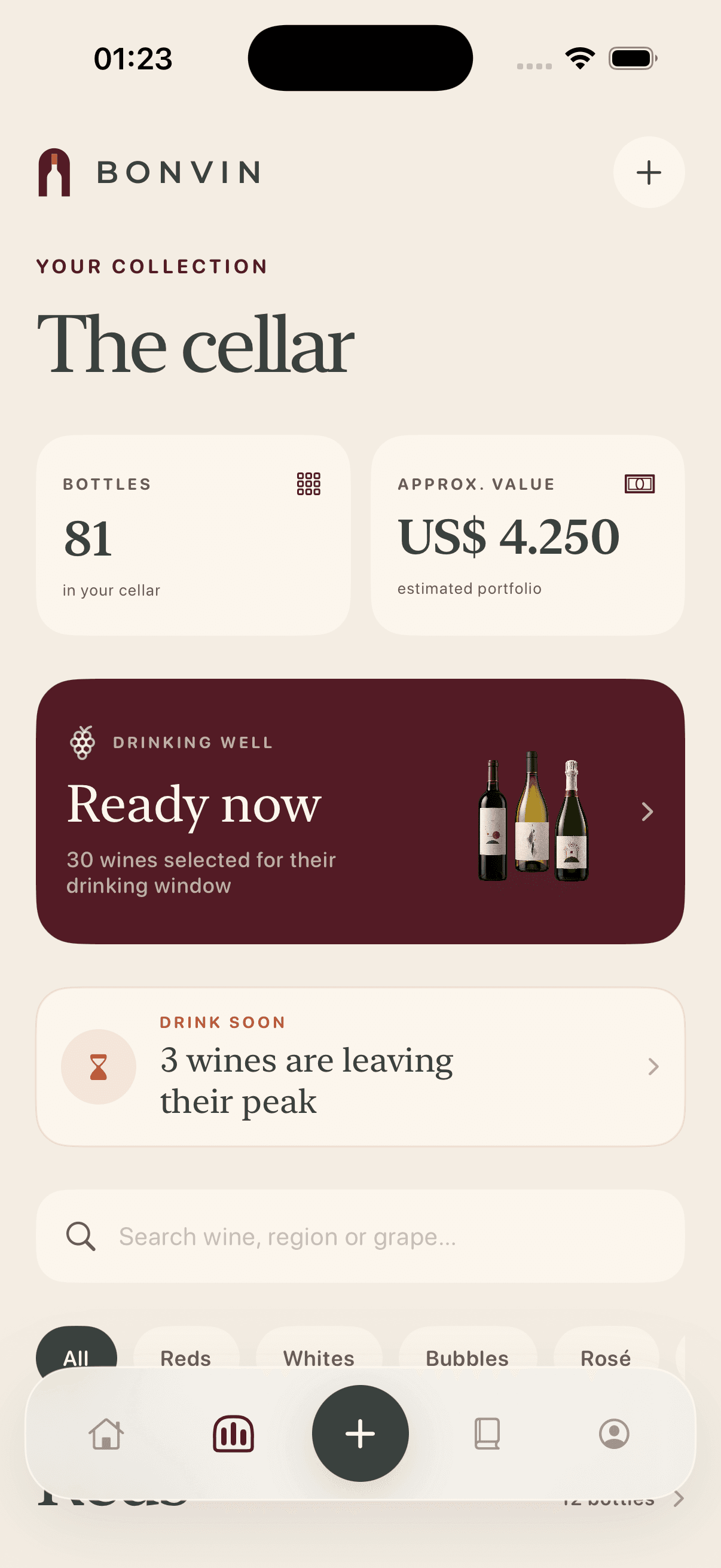 Bonvin cellar overview with bottle count and collection value