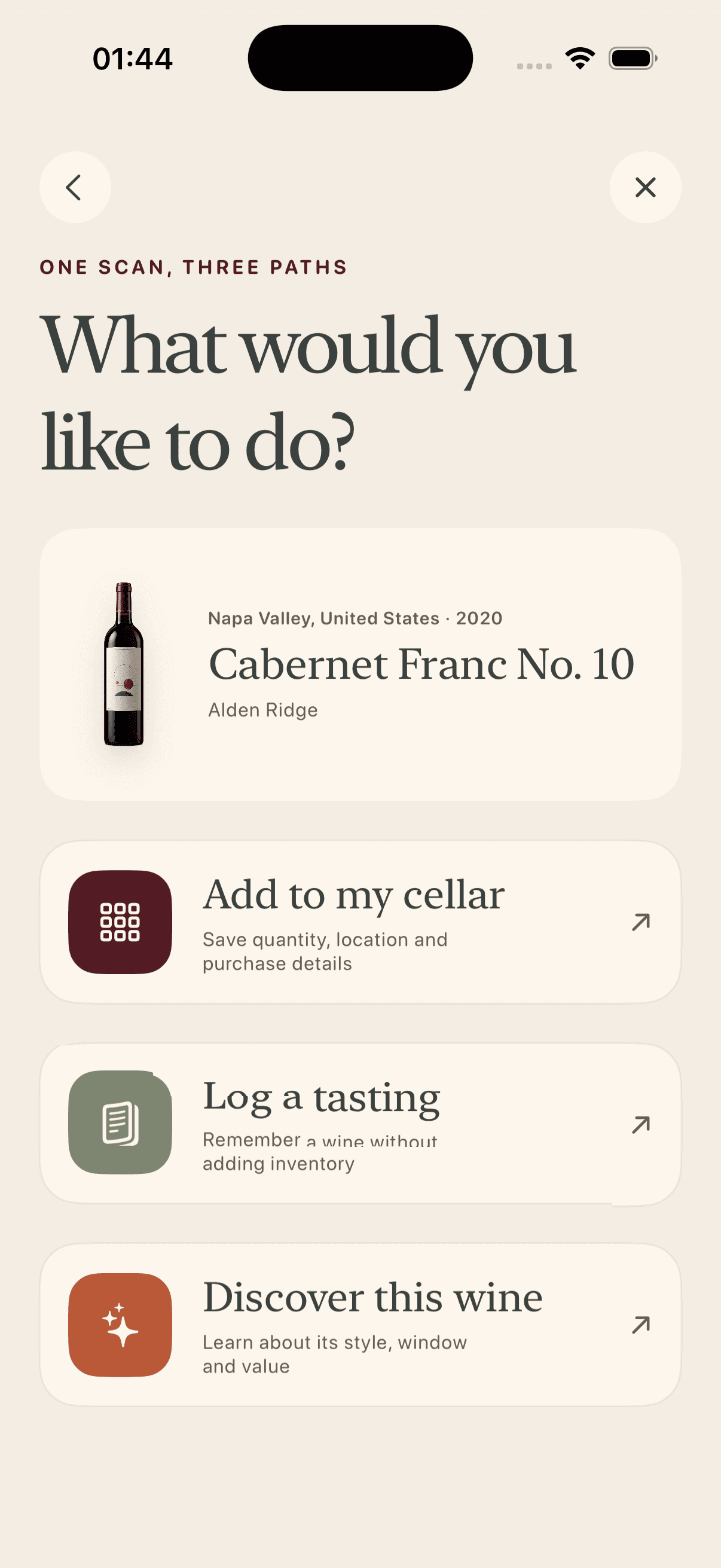 Bonvin screen offering three paths after identifying a wine