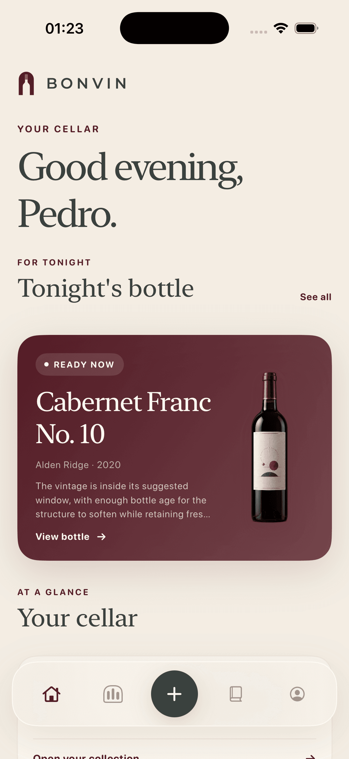Bonvin home screen showing a suggested bottle for tonight