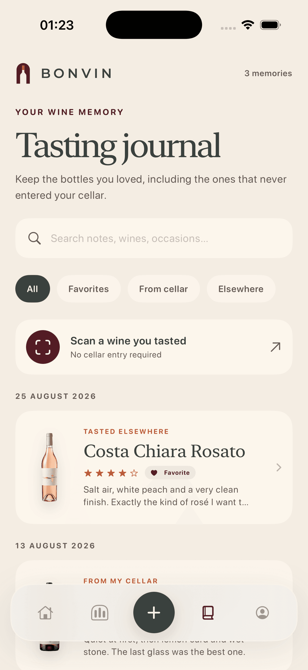 Bonvin tasting journal screen with saved wine memories